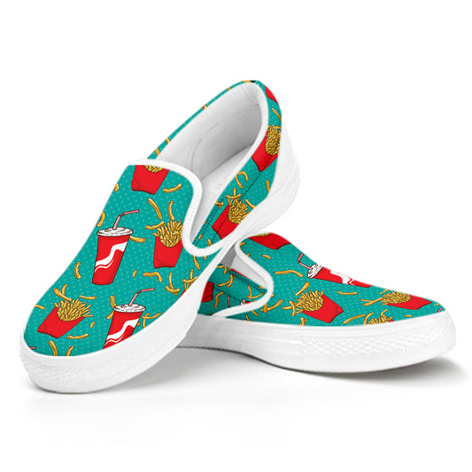 French Fries And Cola Pattern Print White Slip On Shoes