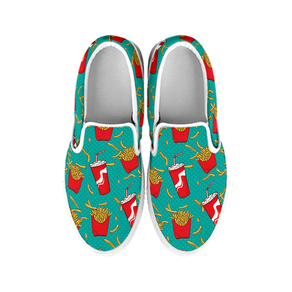 French Fries And Cola Pattern Print White Slip On Shoes