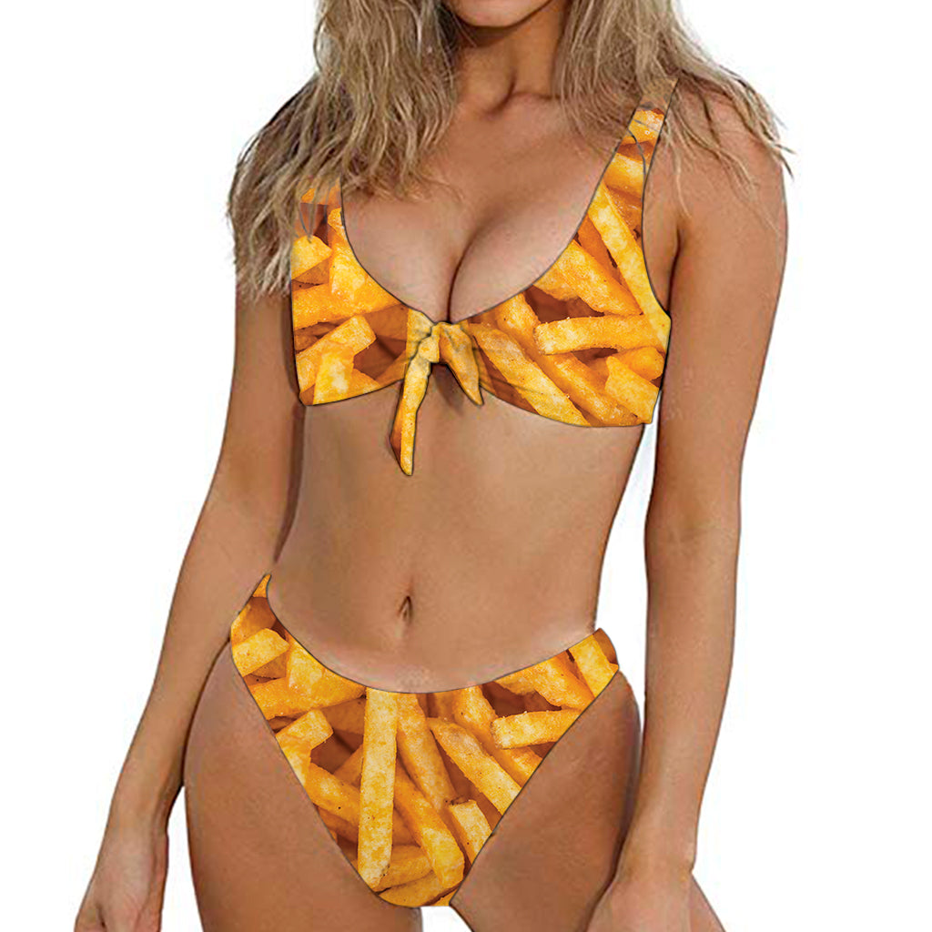 French Fries Texture Print Front Bow Tie Bikini