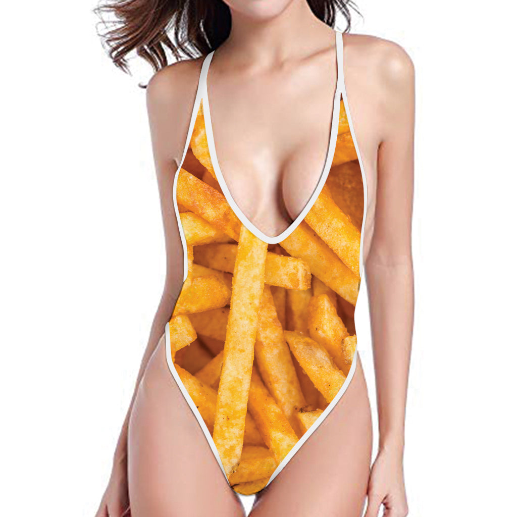 French Fries Texture Print One Piece High Cut Swimsuit