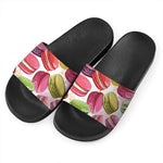 French Macaron Pattern Print Black Slide Sandals