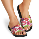 French Macaron Pattern Print Black Slide Sandals