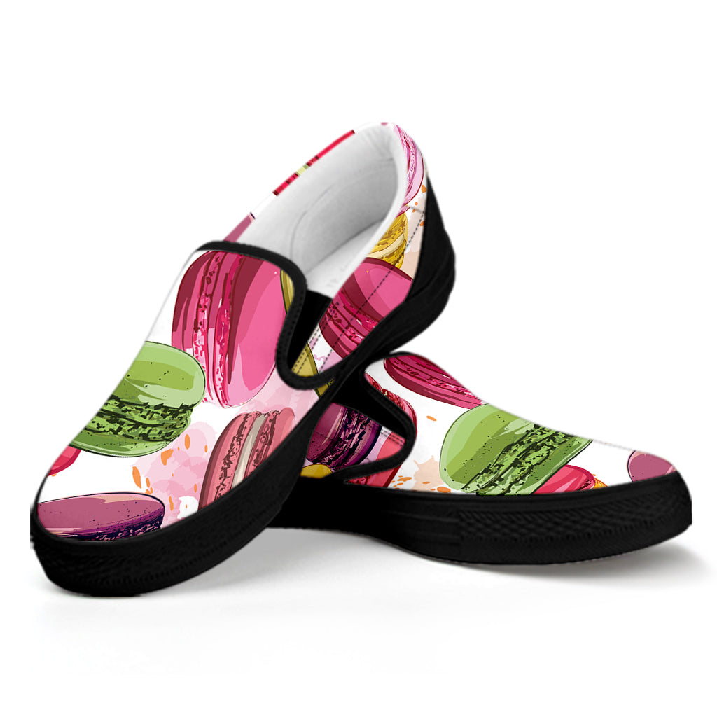 French Macaron Pattern Print Black Slip On Shoes