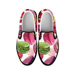 French Macaron Pattern Print Black Slip On Shoes