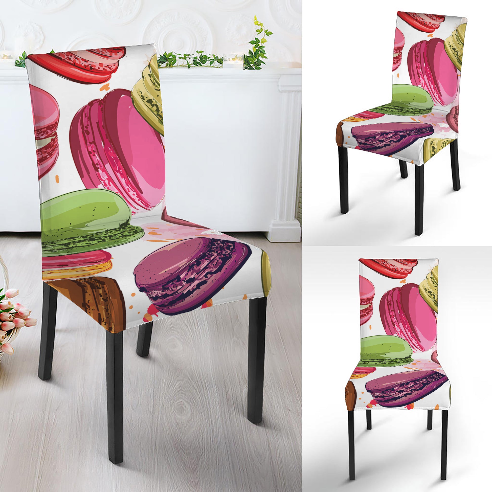 French Macaron Pattern Print Dining Chair Slipcover