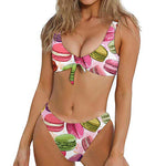 French Macaron Pattern Print Front Bow Tie Bikini