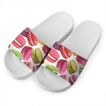 French Macaron Pattern Print White Slide Sandals