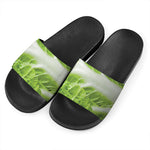 Fresh Cabbage Leaf Print Black Slide Sandals