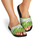 Fresh Cabbage Leaf Print Black Slide Sandals