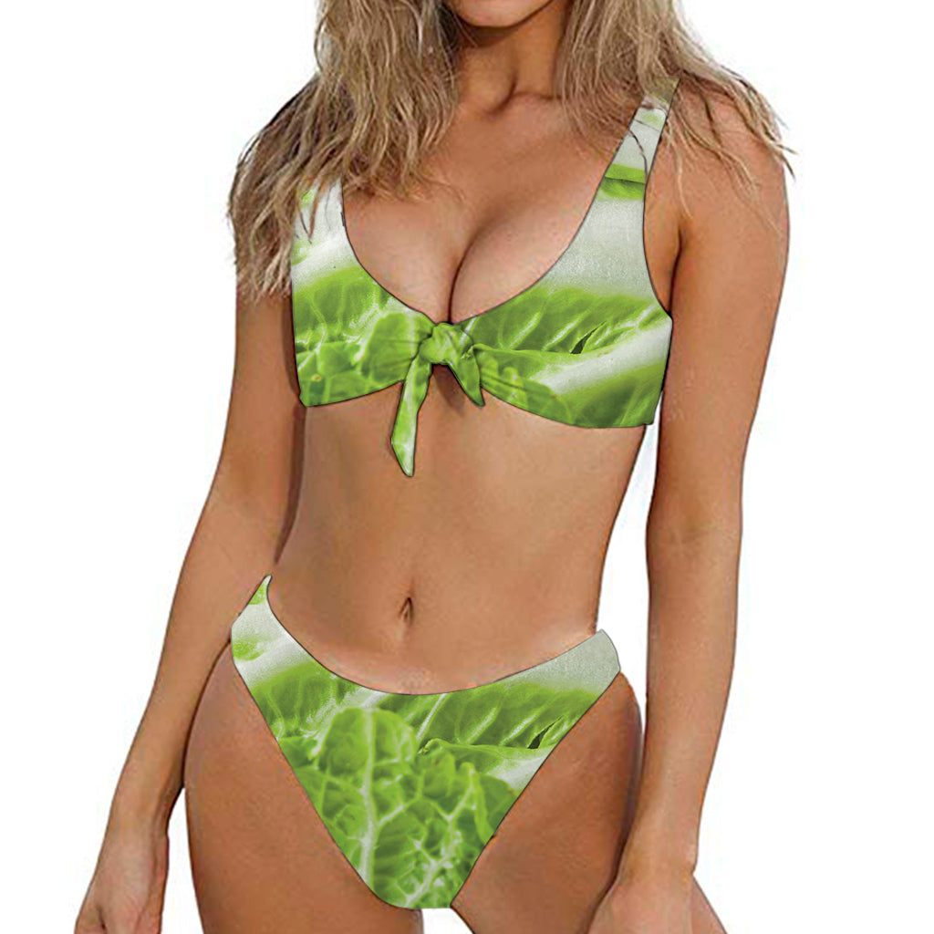 Fresh Cabbage Leaf Print Front Bow Tie Bikini
