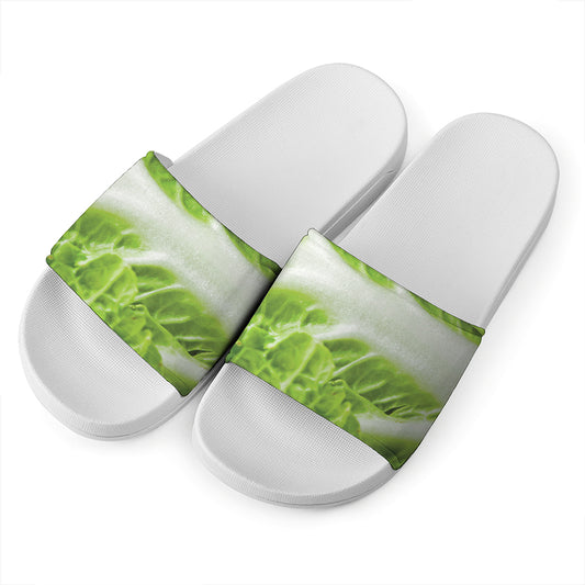 Fresh Cabbage Leaf Print White Slide Sandals
