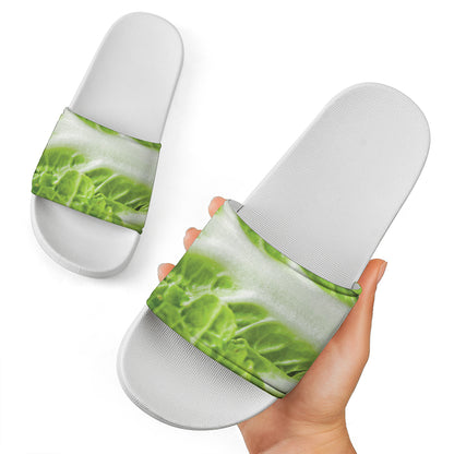 Fresh Cabbage Leaf Print White Slide Sandals