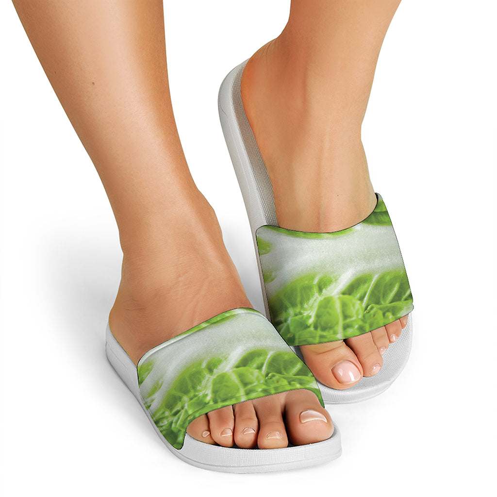 Fresh Cabbage Leaf Print White Slide Sandals