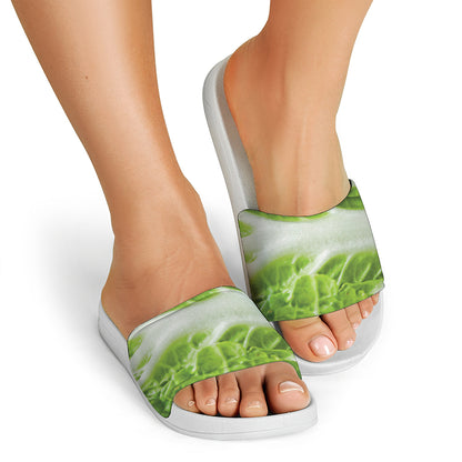 Fresh Cabbage Leaf Print White Slide Sandals