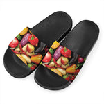 Fresh Fruits And Vegetables Print Black Slide Sandals