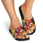 Fresh Fruits And Vegetables Print Black Slide Sandals