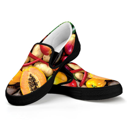 Fresh Fruits And Vegetables Print Black Slip On Shoes