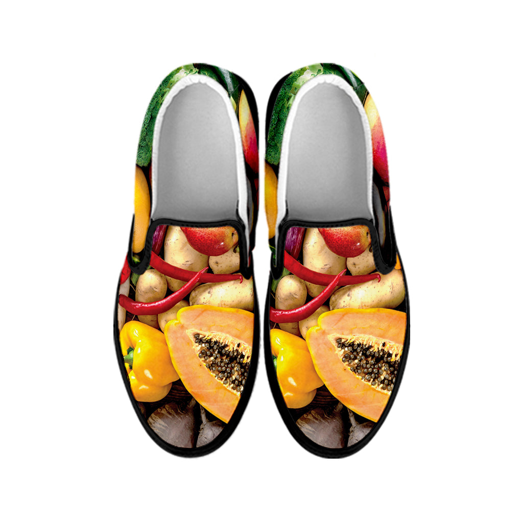 Fresh Fruits And Vegetables Print Black Slip On Shoes
