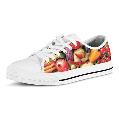 Fresh Fruits And Vegetables Print White Low Top Shoes
