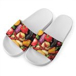 Fresh Fruits And Vegetables Print White Slide Sandals
