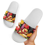 Fresh Fruits And Vegetables Print White Slide Sandals