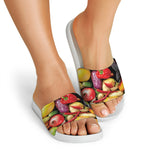 Fresh Fruits And Vegetables Print White Slide Sandals