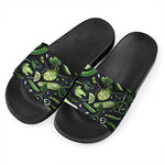 Fresh Green Fruit And Vegetables Print Black Slide Sandals