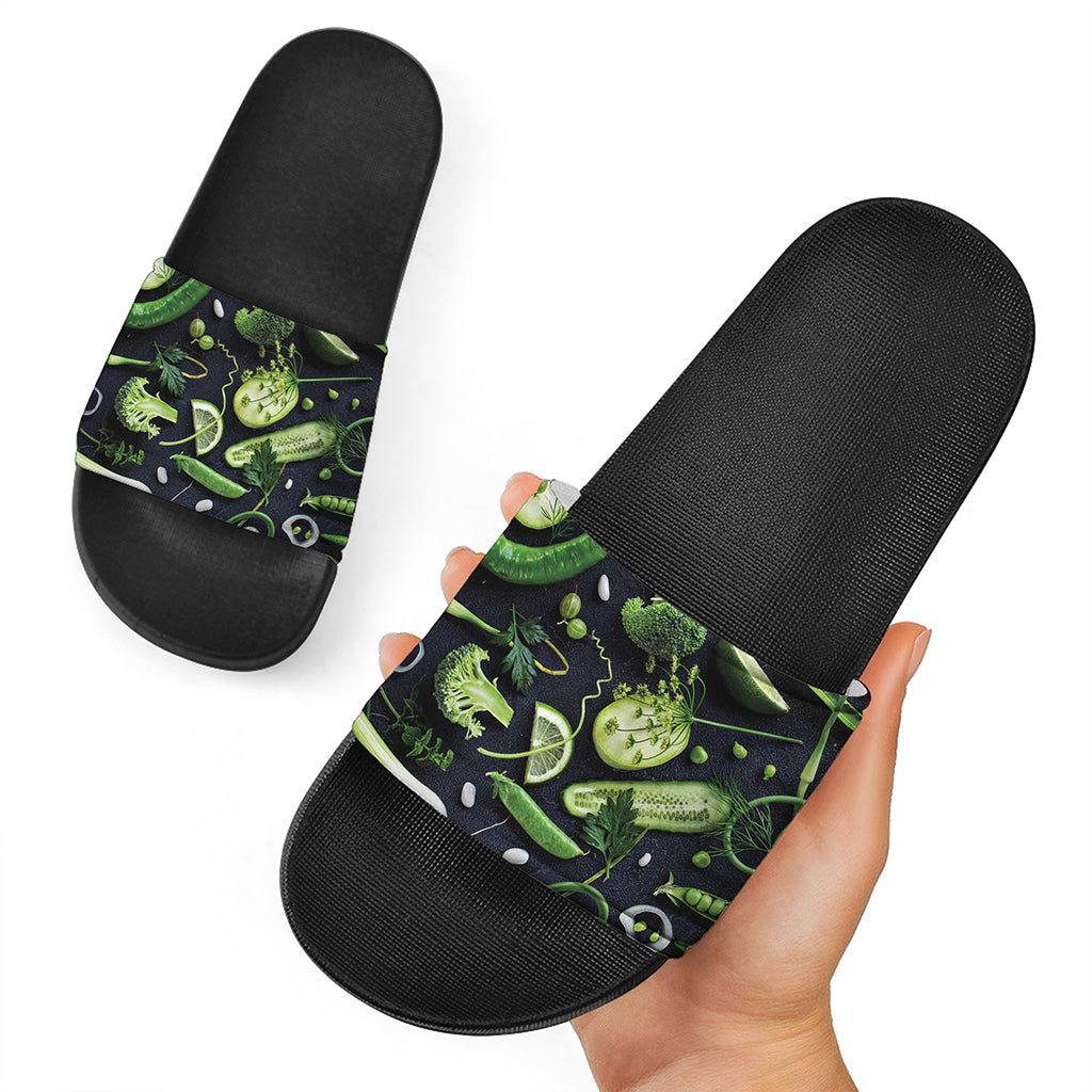 Fresh Green Fruit And Vegetables Print Black Slide Sandals