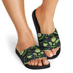 Fresh Green Fruit And Vegetables Print Black Slide Sandals