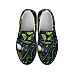 Fresh Green Fruit And Vegetables Print Black Slip On Shoes