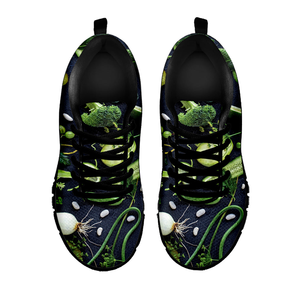 Fresh Green Fruit And Vegetables Print Black Sneakers