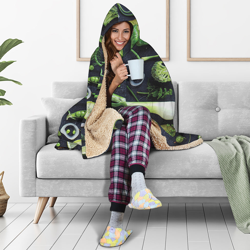 Fresh Green Fruit And Vegetables Print Hooded Blanket