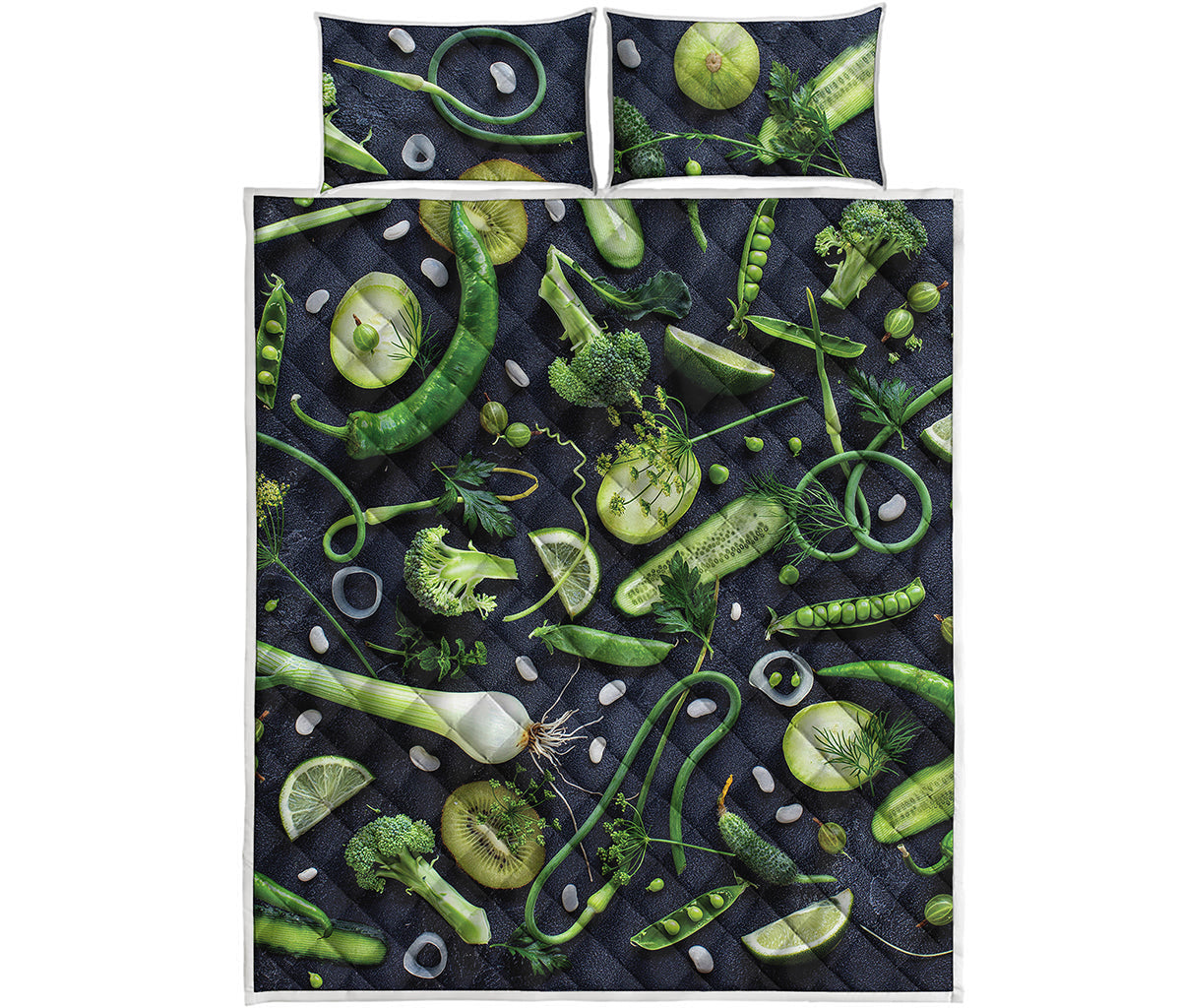 Fresh Green Fruit And Vegetables Print Quilt Bed Set