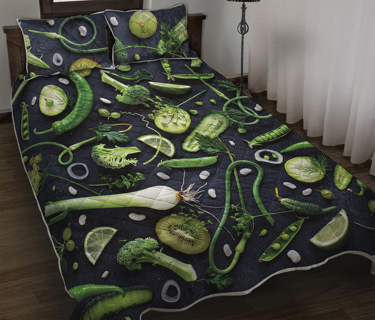 Fresh Green Fruit And Vegetables Print Quilt Bed Set