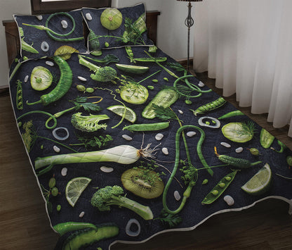 Fresh Green Fruit And Vegetables Print Quilt Bed Set