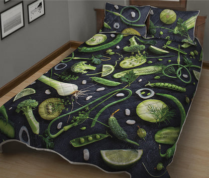 Fresh Green Fruit And Vegetables Print Quilt Bed Set