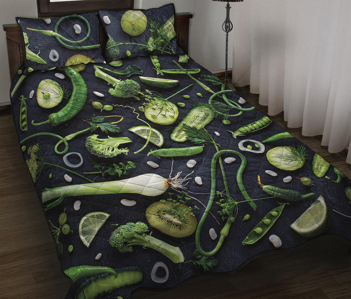 Fresh Green Fruit And Vegetables Print Quilt Bed Set