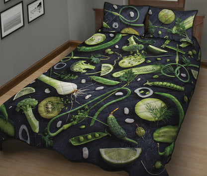 Fresh Green Fruit And Vegetables Print Quilt Bed Set