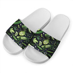 Fresh Green Fruit And Vegetables Print White Slide Sandals