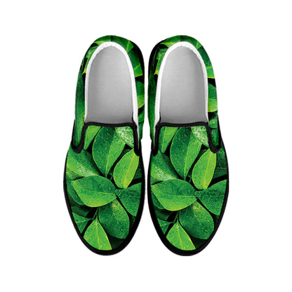 Fresh Green Leaf Print Black Slip On Shoes