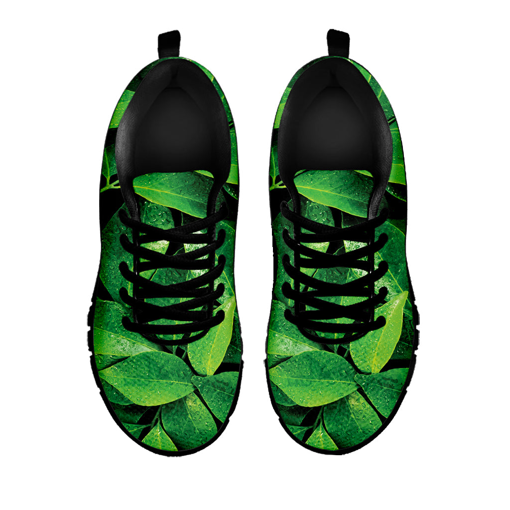 Fresh Green Leaf Print Black Sneakers