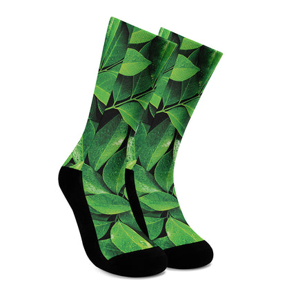 Fresh Green Leaf Print Crew Socks