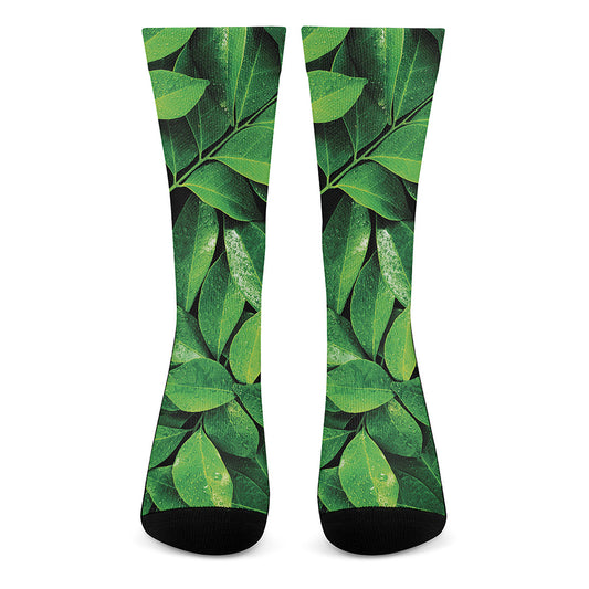 Fresh Green Leaf Print Crew Socks