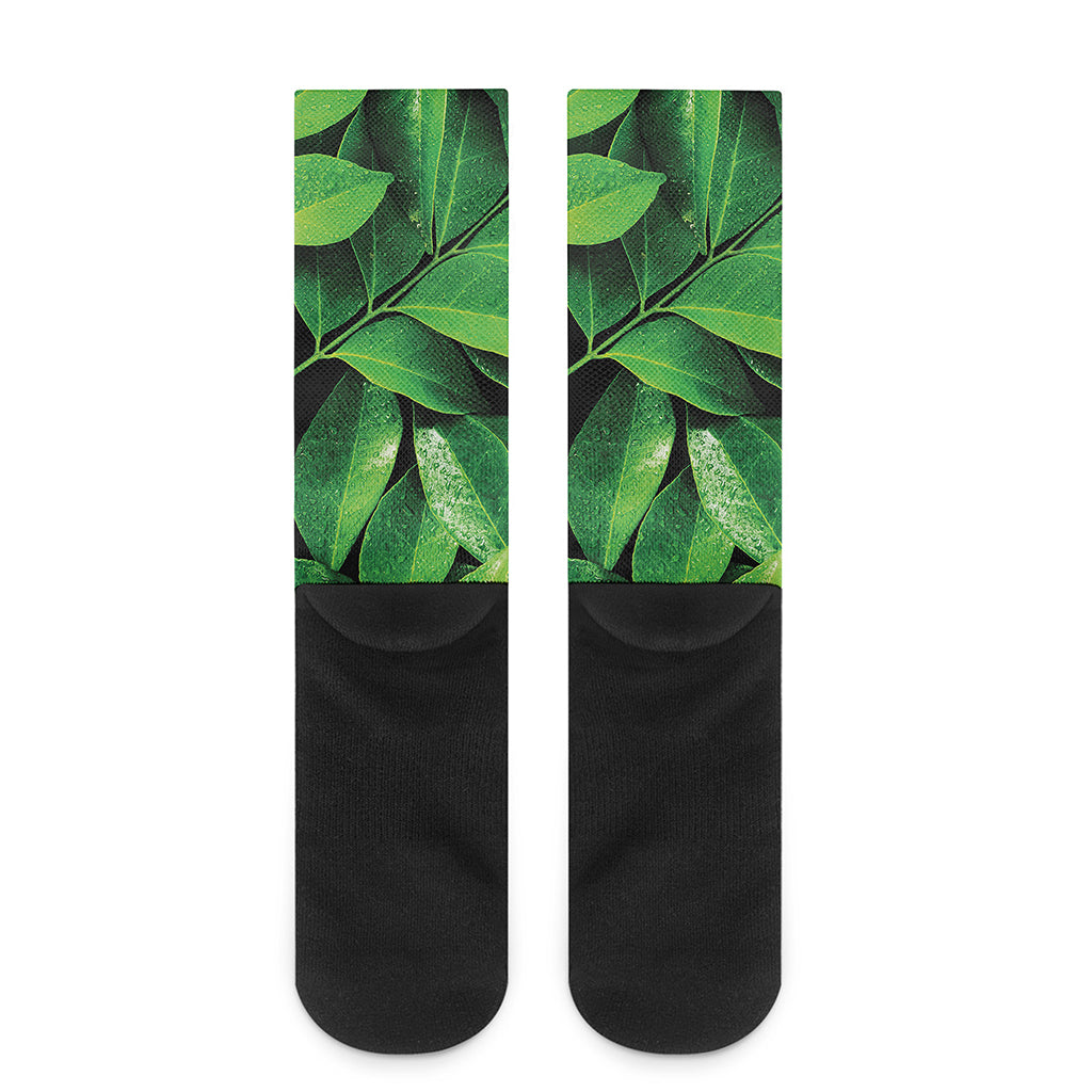 Fresh Green Leaf Print Crew Socks