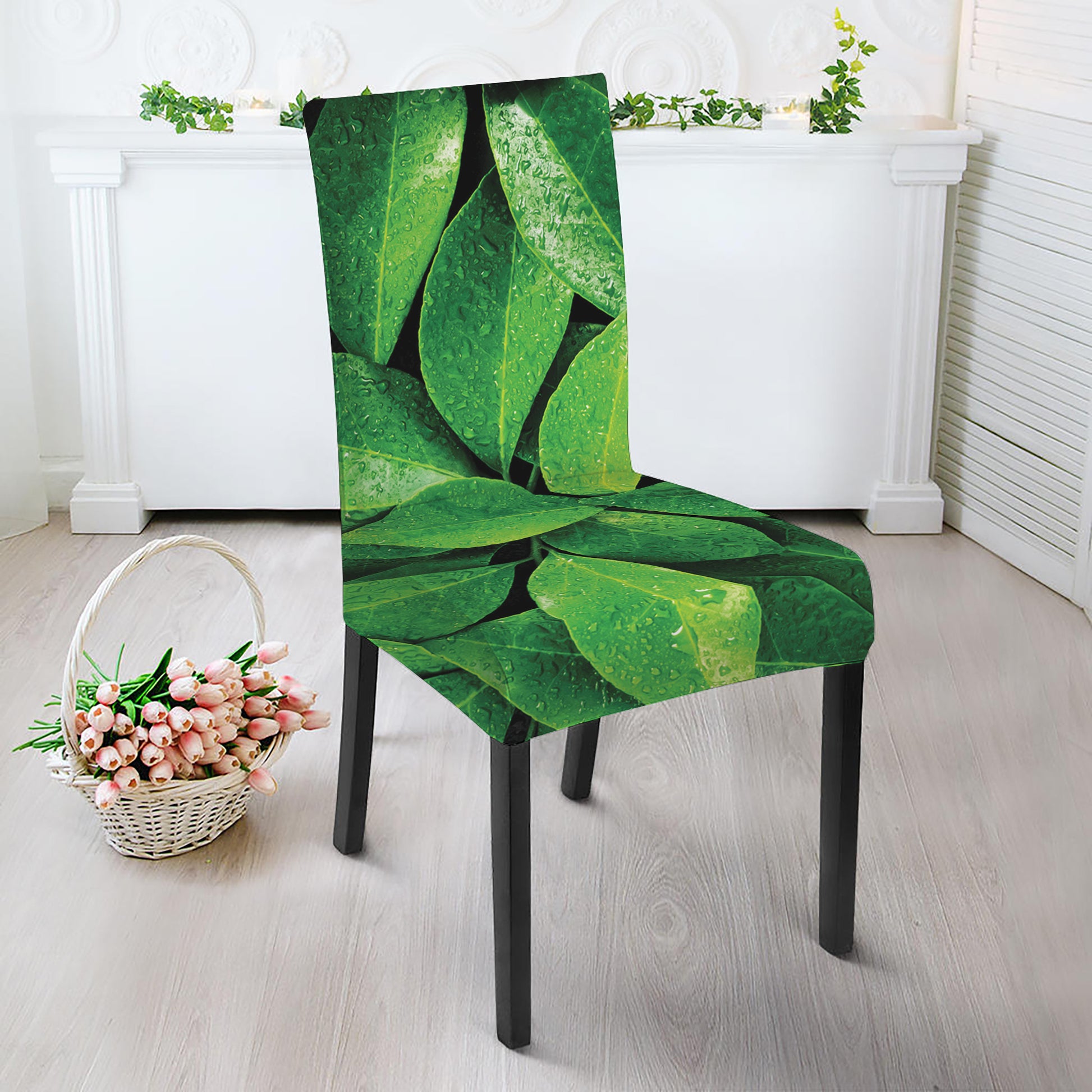 Fresh Green Leaf Print Dining Chair Slipcover