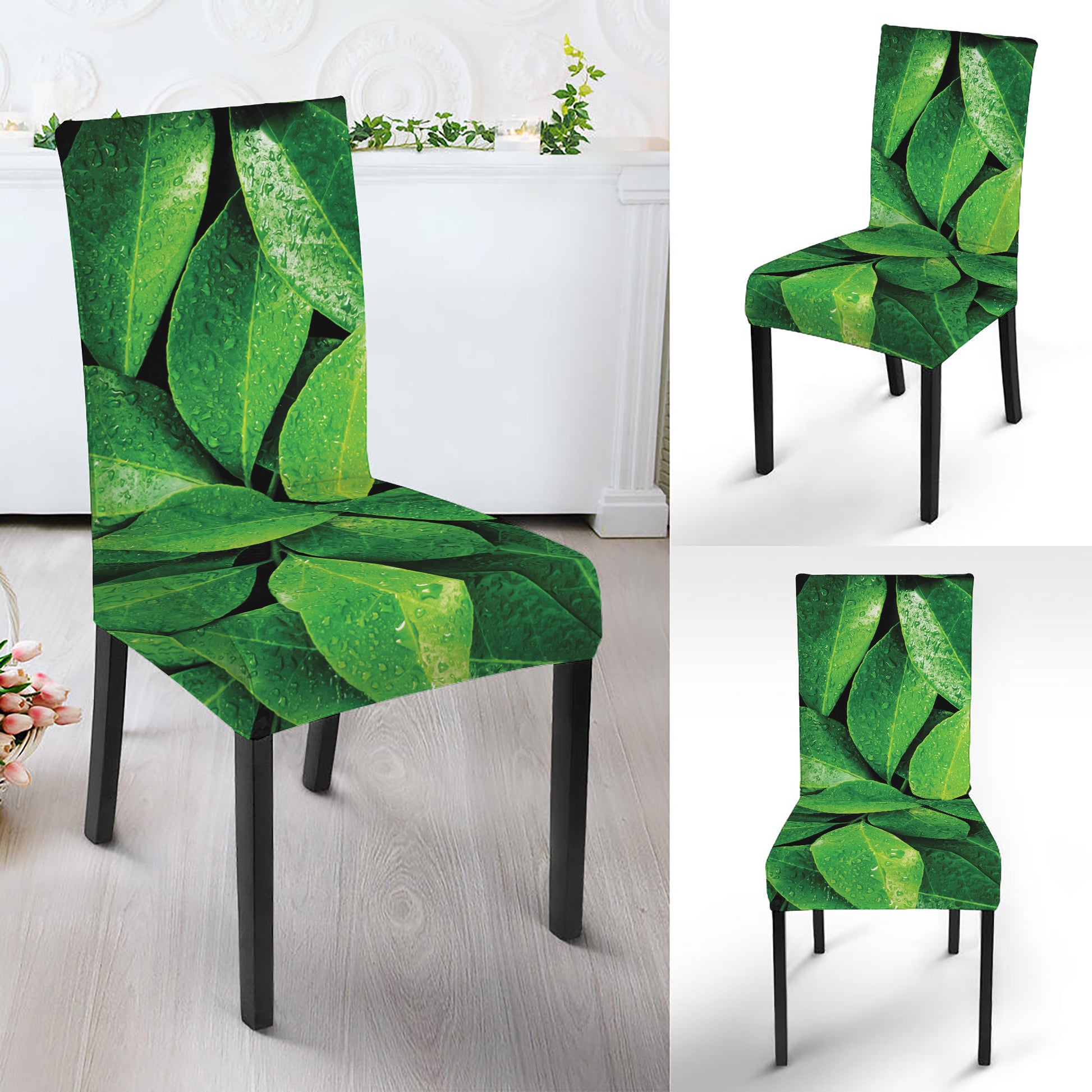 Fresh Green Leaf Print Dining Chair Slipcover