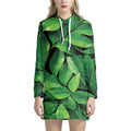 Fresh Green Leaf Print Pullover Hoodie Dress