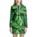 Fresh Green Leaf Print Hoodie Dress