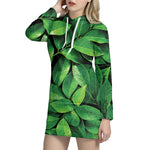 Fresh Green Leaf Print Hoodie Dress