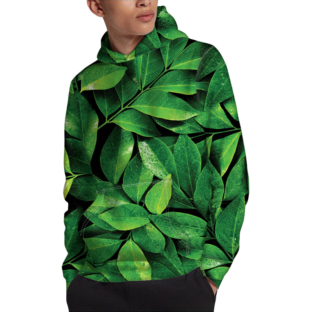 Fresh Green Leaf Print Pullover Hoodie